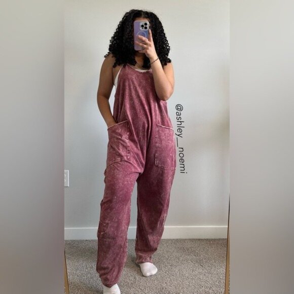 Zenana Outfitters Pants - NEW ZENANA Burgundy Acid Wash Onesie Jumpsuit